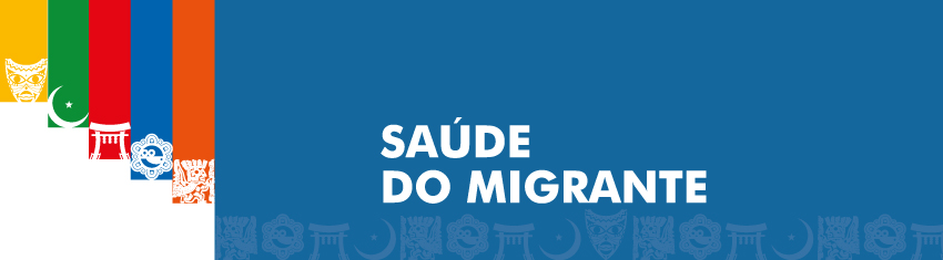 Arte possui fundo azul. Centralizado em letras brancas está escrito Saúde do Migrante. À esquerda um ícone colorido que representa diversas nacionalidades.