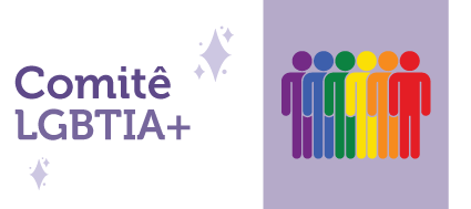 À esquerda, num fundo branco, em letras lilás, está escrito Comitê LGBTIA+. À direita, num fundo lilás, há uma ilustração de seis pessoas em pé, enfileiradas, com as cores da bandeira LGBTIA+ 