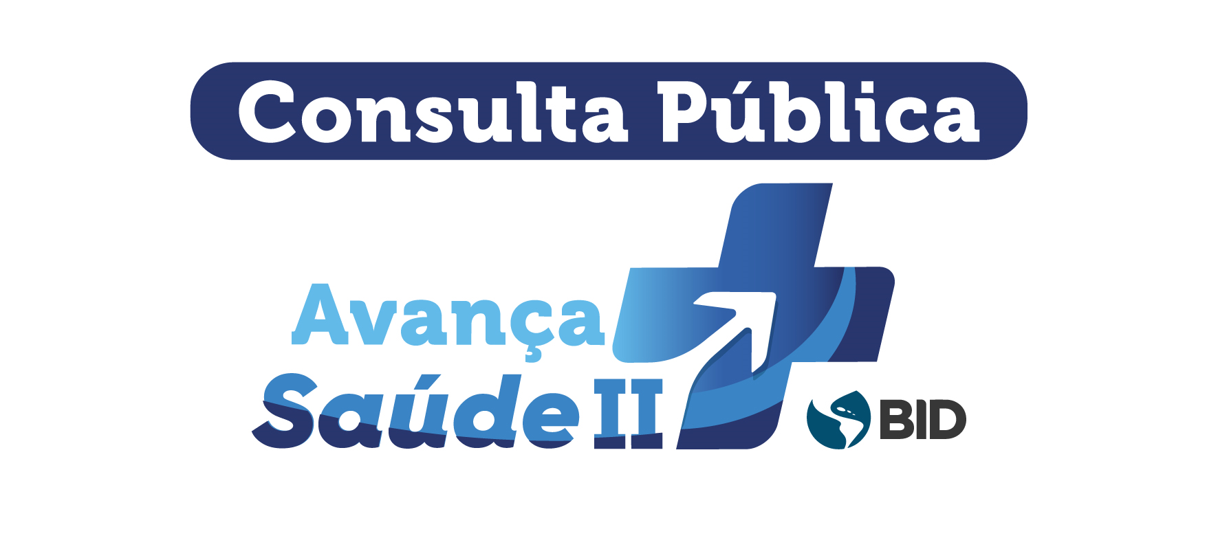 Arte possui fundo branco. Centralizado no topo, em letras brancas, sobre um fundo azul, o texto: Consulta pública. Logo abaixo, o logo do Avança Saúde II - BID