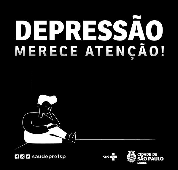 #PraCegoVer: na arte de fundo preto, está escrito em letras brancas na parte superior: Depressão merece atenção!No canto inferior esquerdo há a ilustração de um homem sentado no chão, encostado na ilustração de uma parede, com a cabeça apoiada na mão. Na parte inferior da arte há os ícones das redes sociais da SMS (Facebook, Instagram e Twitter)saudeprefsp, há também o logo do SUS e da prefeitura/saúde.