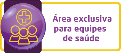 Arte possui fundo branco. O texto à direita, em letras roxas, diz: área exclusiva para equipes de saúde. à esquerda há o ícone de três bonecos lado a lado e uma cruz da saúde sobre eles.