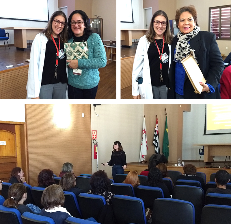 Montagem com três fotos, onde em duas são com as palestrantes e a coordenadora da clínica e a terceira mostra a plateia assistindo uma das palestras