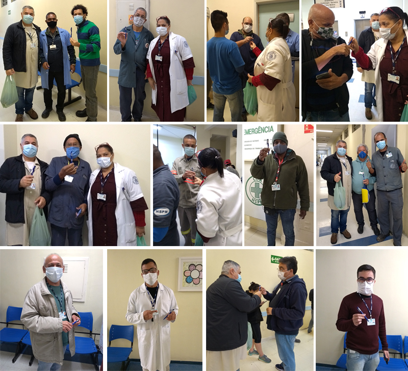 Fotos dos funcionários do hospital recebendo a caneta de brinde