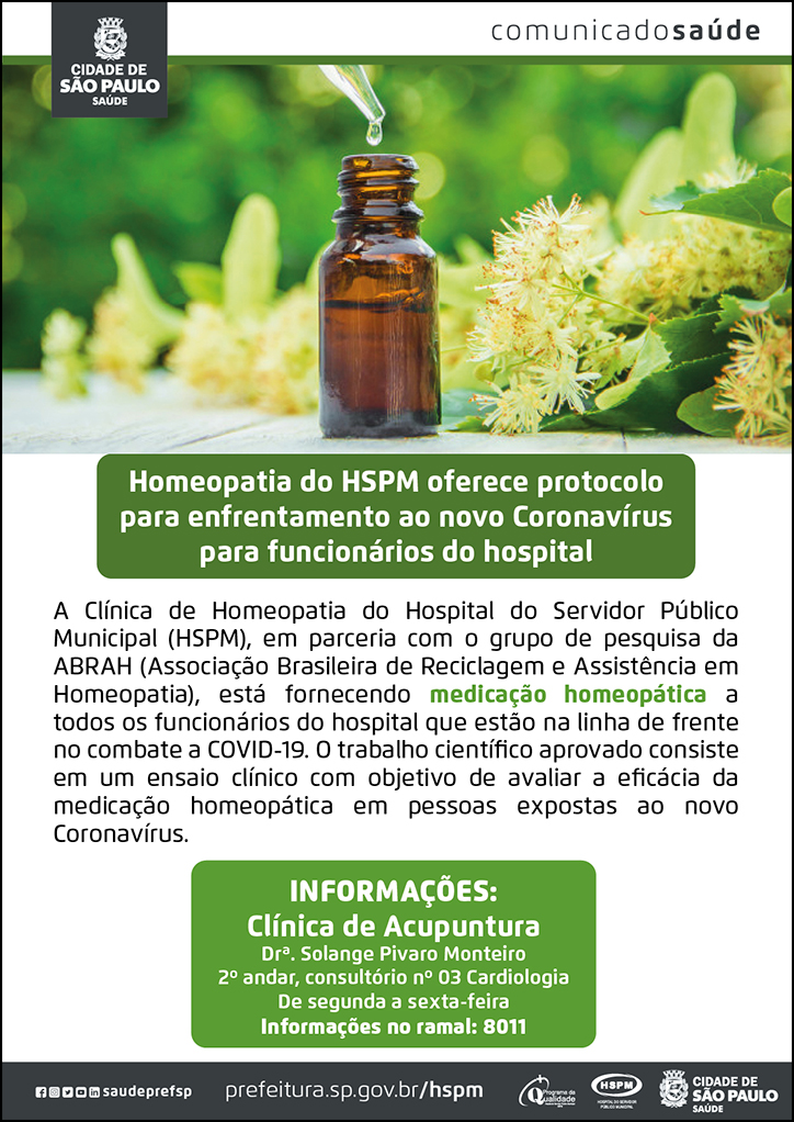 Homeopatia do HSPM oferece protocolo para enfrentamento ao novo Coronavírus