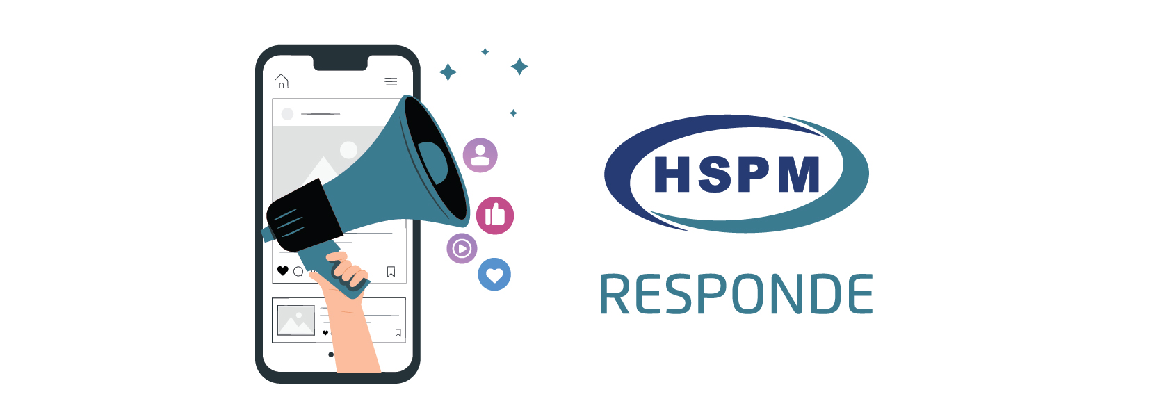 Logo do HSPM responde, com uma mão segurando um megafone saindo de dentro de um celular