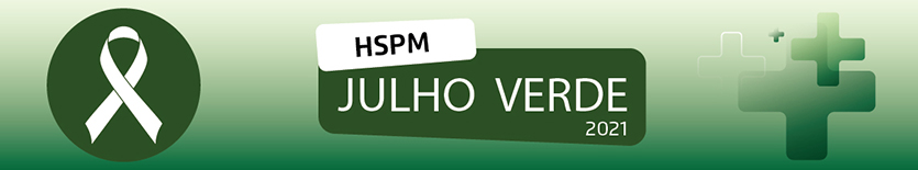 Arte em tons de verde, com um laço branco do lado esquerdo e no centro está escrito HSPM Julho Verde 2021