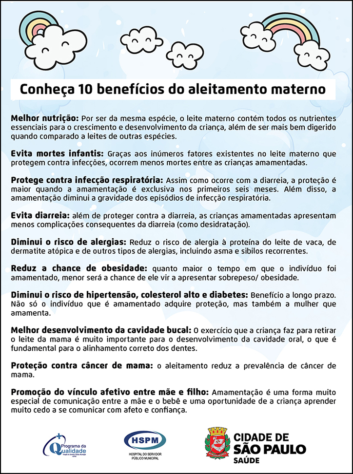 Arte em tons de branco e azul com uma lista de 10 benefícios da amamentação