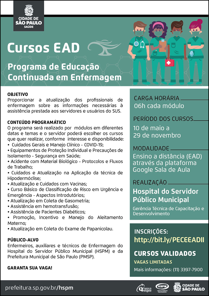 Cartaz na cor verde com informações sobre os módulos do programa de educação continuada em enfermagem