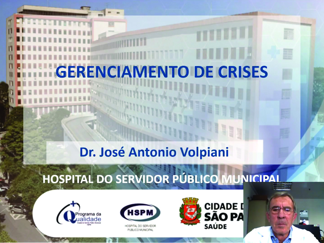 Print da aula sobre gerenciamento de crises, com a foto do dr. Volpiani no canto direito da tela