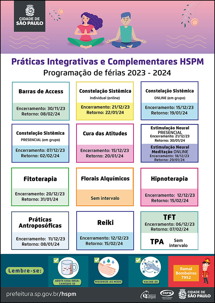 Cartaz com a programação das férias das práticas integrativas de saúde do HSPM