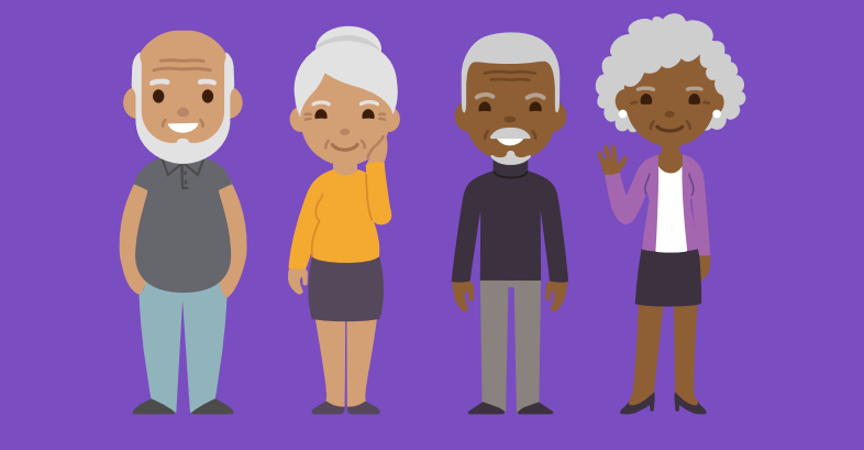Ilustração com fundo violeta que mostra quatro idosos, dois homens e duas mulheres, com características físicas diferentes: o primeiro da esquerda é careca com barba branca; a segunda, uma idosa de coque; o terceiro, um homem negro de cabelo, cavanhaque e bigode brancos; e a quarta, uma senhora negra de cabelos cacheados curtos e brancos
