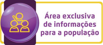 Arte possui fundo branco. O texto à direita, em letras roxas, diz: área exclusiva de informações para a população. à esquerda há o ícone de três bonecos.