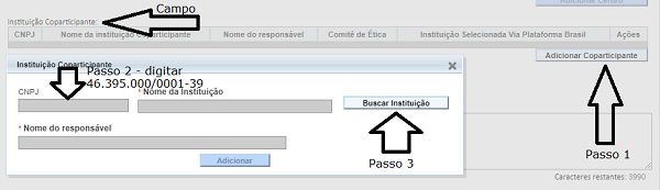 PraCegoVer: a imagem ilustra o passo a passo para inserção da SMS como Instituição Coparticipante: Passo 1 – Adicionar coparticipante. Passo 2 – Inserir o CNPJ da Instituição Coparticipante. Passo 3 – Buscar instituição