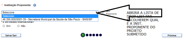 PraCegoVer: a imagem ilustra o passo depois da inserção do CNPJ da instituição. Mostra a lista. Selecione a instituição proponente do projeto submetido