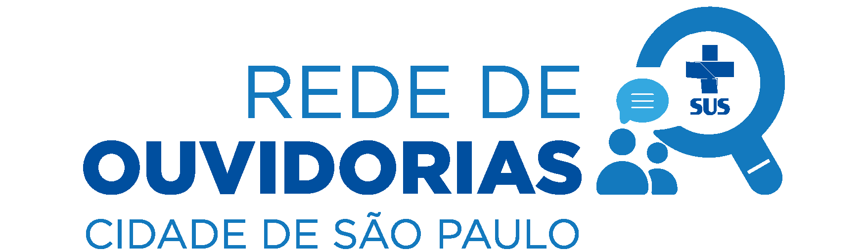 Logo da Ouvidoria: O texto em letras azuis diz: Rede de Ouvidorias Cidade de São Paulo. À esquerda, um ícone de uma lupa, com o logo do SUS no meio. Do lado direito da lupa, o ícone de dois avatares com um caixa de diálogo sobre suas cabeças.