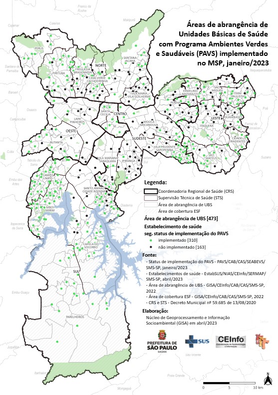 Mapa da cidade de São Paulo com áreas de abrangência de Unidades Básicas de Saúde com Programa Ambientes Verdes e Saudáveis (PAVS), implementado no município (janeiro de 2023)