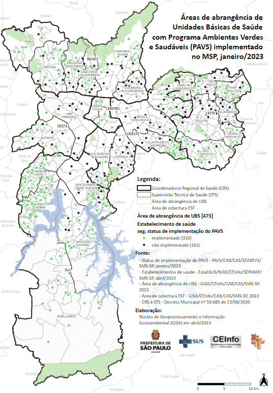 Mapa da cidade de São Paulo com áreas de abrangência de Unidades Básicas de Saúde com Programa Ambientes Verdes e Saudáveis (PAVS), implementado no município (janeiro de 2023)