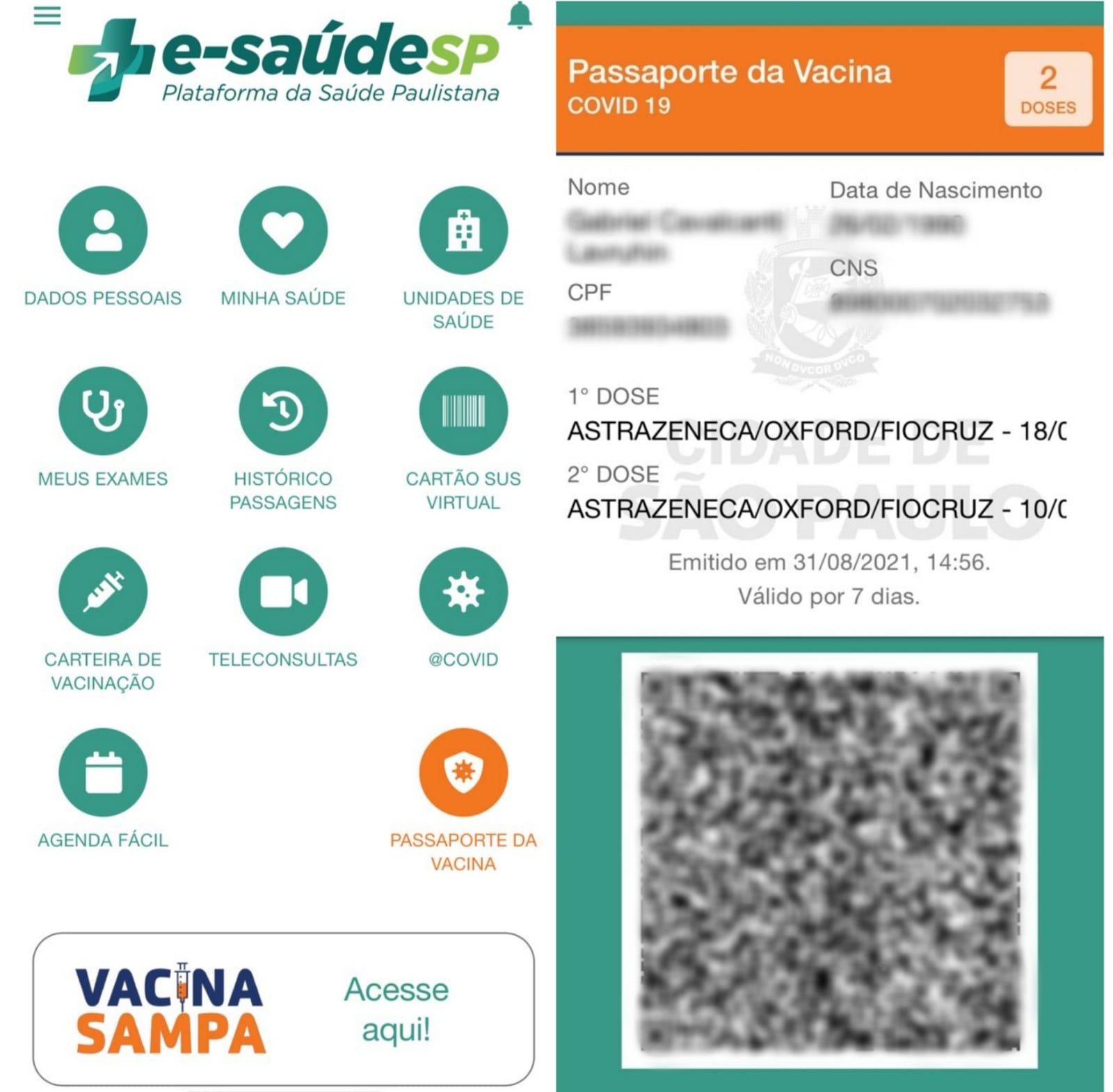 À esquerda da imagem, está a página inicial de um menu de aplicativo. No topo, está escrito "e-saúdeSP" em verde. À direita da imagem, está uma tela com dados pessoais borrados e um código QR Code no final.