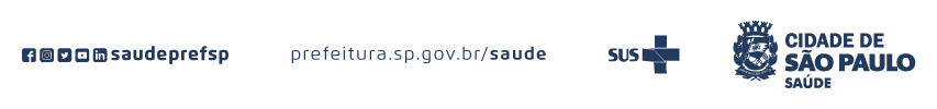  #PraCegoVer: num fundo branco há os logos do Facebook, Instagram, Twitter, Youtube e Linkedin - saudeprefsp - prefeitura.sp.gov.br/saude, logo do SUS e logo da Cidade de São Paulo Saúde