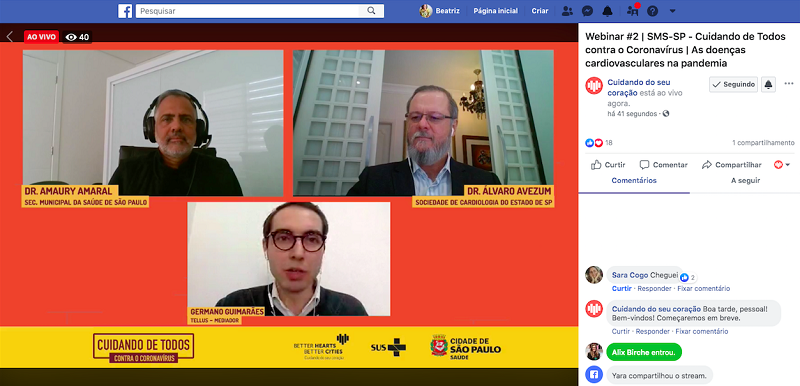  #PraCegoVer: nessa printscreen da tela do Facebook durante a live estão: dr. Amaury Amaral da Secretaria Municipal da Saúde, dr. Álvaro Avezum da Sociedade de Cardiologia do Estado de São Paulo e o mediador Germano Guimarães da Tellus