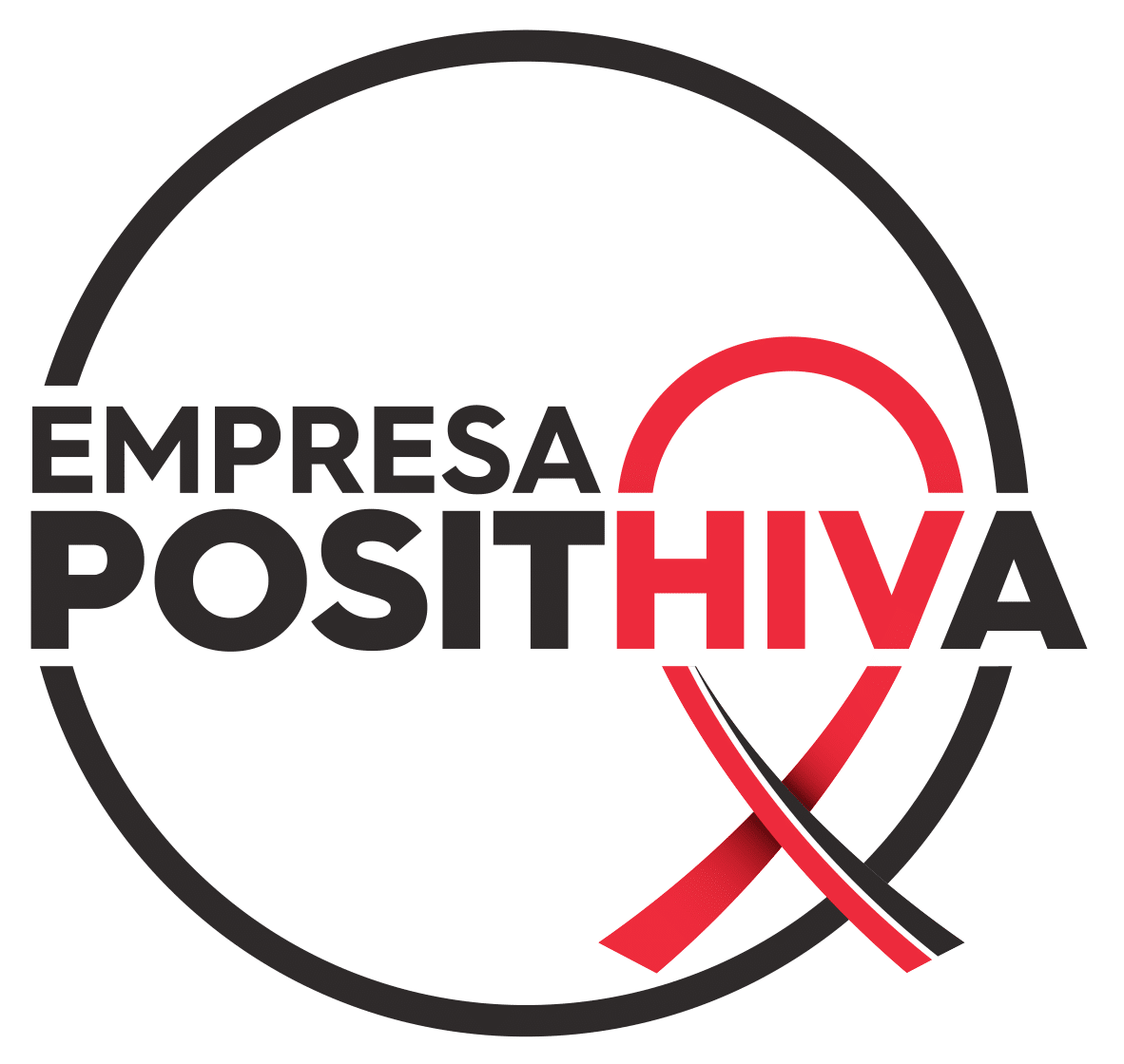 Selo Empresa Posithiva, formado por um círculo com o nome do selo dentro, sendo que o HIV do Posithiva está em vermelho, sobreposto com o laço símbolo da aids.