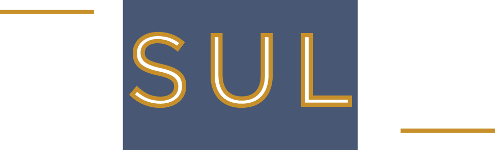 Na imagem, um fundo que se intercala na cor branca e na cor azul grafite, em letras douradas e em caixa alta a palavra SUL em destaque.