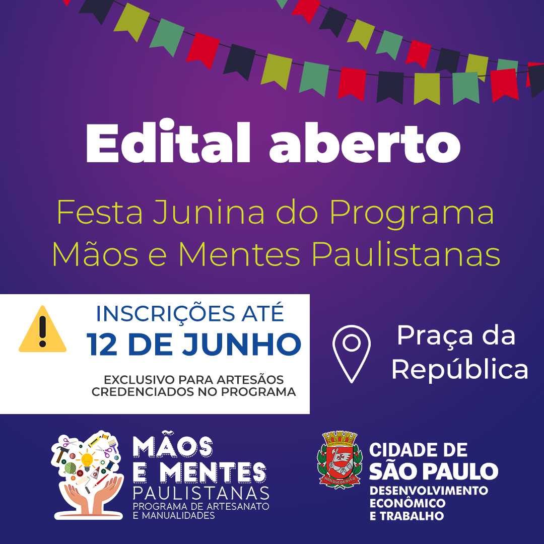 A imagem contém um fundo roxo, no topo estão duas linhas de bandeirinhas de festa junina penduras. Abaixo estão os dizeres 