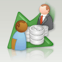 Imagem ilustrativa de duas pessoas em frente a uma seta verde, com moedas entre eles.