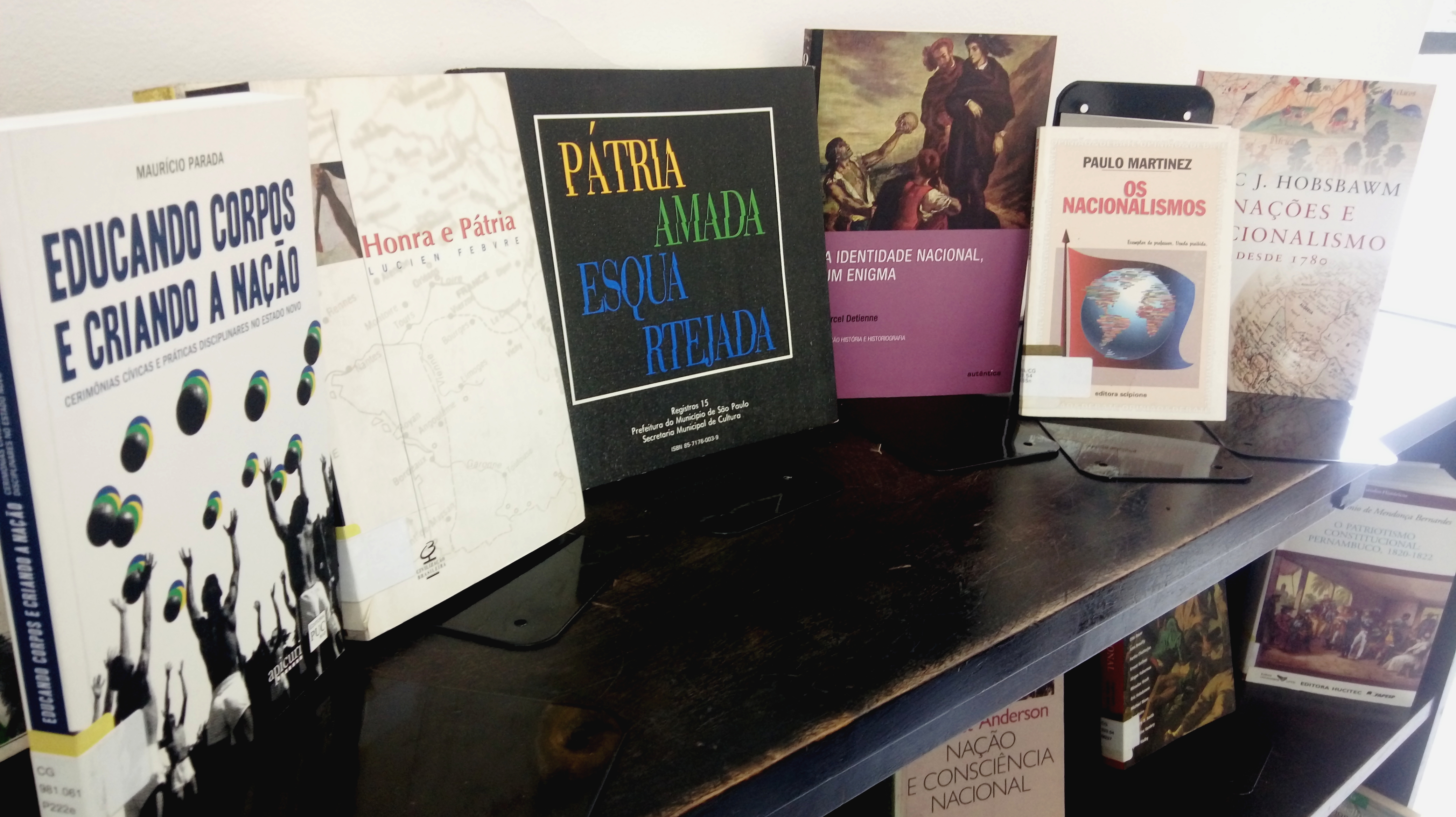Foto dos livros expostos sobre móvel de madeira