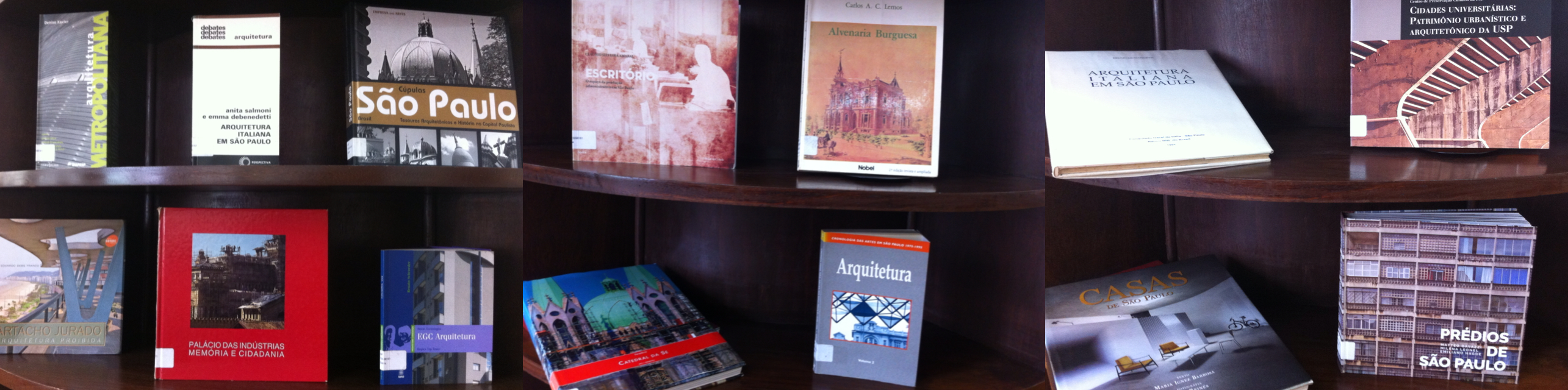 Foto de vários livros sobre móvel de madeira.