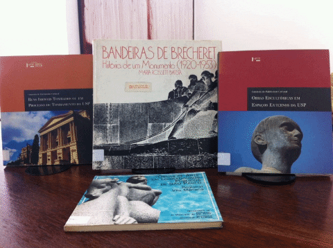 Capas dos títulos selecionados para exposição sobre superfície de madeira.