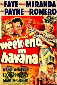 Pôster colorido do filme com montagem de rosto de homem e mulher do lado esquerdo, ilustração de Carmen Miranda do lado direto e, mais abaixo, rosto de outro homem.