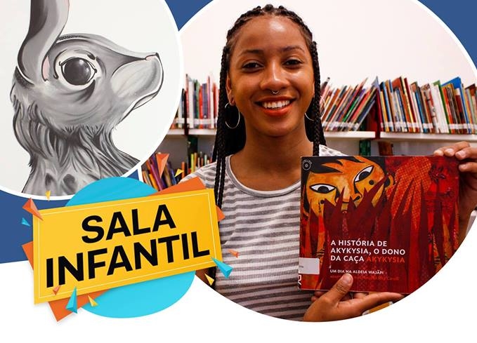 Imagem de divulgação com montagem de ilustração de cabeça de coelho, logo com faixas e círculos coloridos com o escrito "Sala Infantil" em preto e foto de uma moça negra de tranças, com brincos e sorrindo. Ela segura um livro de capa vermelha e laranja com ilustração de rosto de menino em meio a plantas.