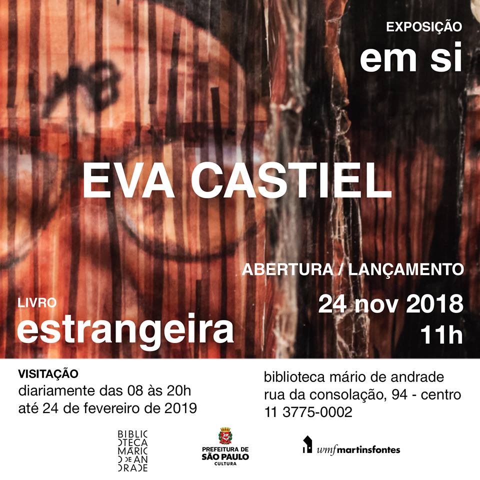 Cartaz de divulgação com foto com zoom do rosto de uma mulher de óculos. Sobre a imagem há em branco o título da exposição 