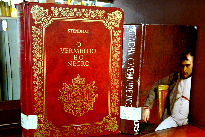 Dois livros lado a lado. O primeiro tem capa vermelha com adornos emoldurando-a, o título do livro no meio e acima nome do autor. Embaixo, há um brasão. Tanto os escritos quanto o desenho estão em dourado. O segundo, capa de fundo vermelho com ilustração de Napoleão sentado em uma cadeira dourada com estofado vermelho, ele veste calça e colete brancos com casaco cinza. O título e o sobrenome do autor estão na parte superior na cor branca