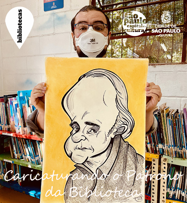 Caricaturando o Patrono da Biblioteca