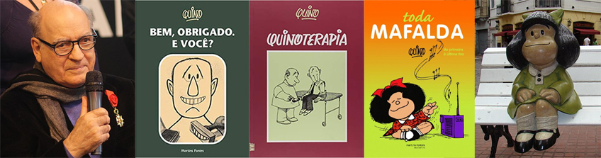 Cartunista Quino , capa de três de seus livros e estátua da Mafalda num banco