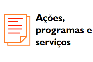Imagem representativa de uma pilha de documentos à esquerda e o texto "ações, programas e serviços" à direita.
