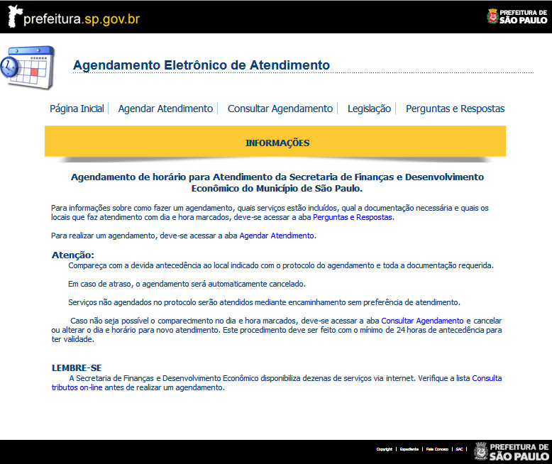 Tela inicial da página de Agendamento Eletrônico de Atendimento de SF.