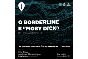 Arte do convite de divulgaçao do livro, com as informações dispostas em letras brancas. O fundo do card exibe uma ilustração abstrata na cor azul marinho.
