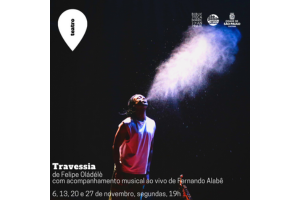 Arte de divulgação feita a partir do bailarino em cena, enquanto ele cuspia uma nuvem de farinha