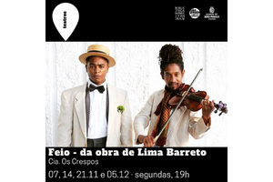 Card de divulgação da peça na qual se vê dois homens negros vestindo roupas brancas de época. O da direita toca um violino.