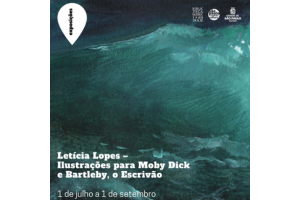 card de divulgação feito a partir de pintura de Letícia Lopes para o romance Moby Dick, na qual se enxerga o fundo do mar, em tons de azul e verde