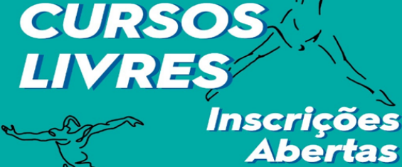imagem escrito cursos livres inscrições abertas fundo azul com linhas que simulam corpos dançando
