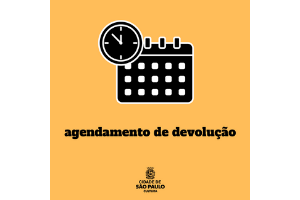 Fundo laranja, com um desenho de um calendário e um relógio, escrito "agendamento da devolução" em preto e o logo da prefeitura.