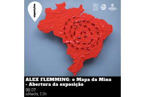 card da exposição, onde se vê uma foto de um dos objeto expostos: mapa do Brasil cravado de pedras preciosas.