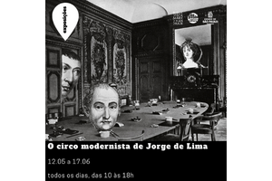 Card em preto e branco e com letras brancas, feito a partir de uma fotomontagem de Jorge de Lima.