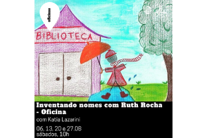 card de divulgação em que se vê uma ilustração colorida de um garoto com um guarda-chuva, com uma biblioteca ao fundo