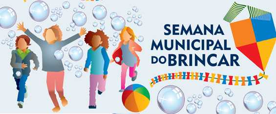 desenho de crianças brincando com bolhas de sabão e logo com uma pipa e escrito da Semana Municipal do Brincar.