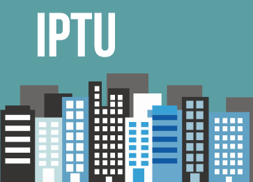 Ilustração com desenho estilizado de uma cidade, com vários prédios, com texto em branco: IPTU